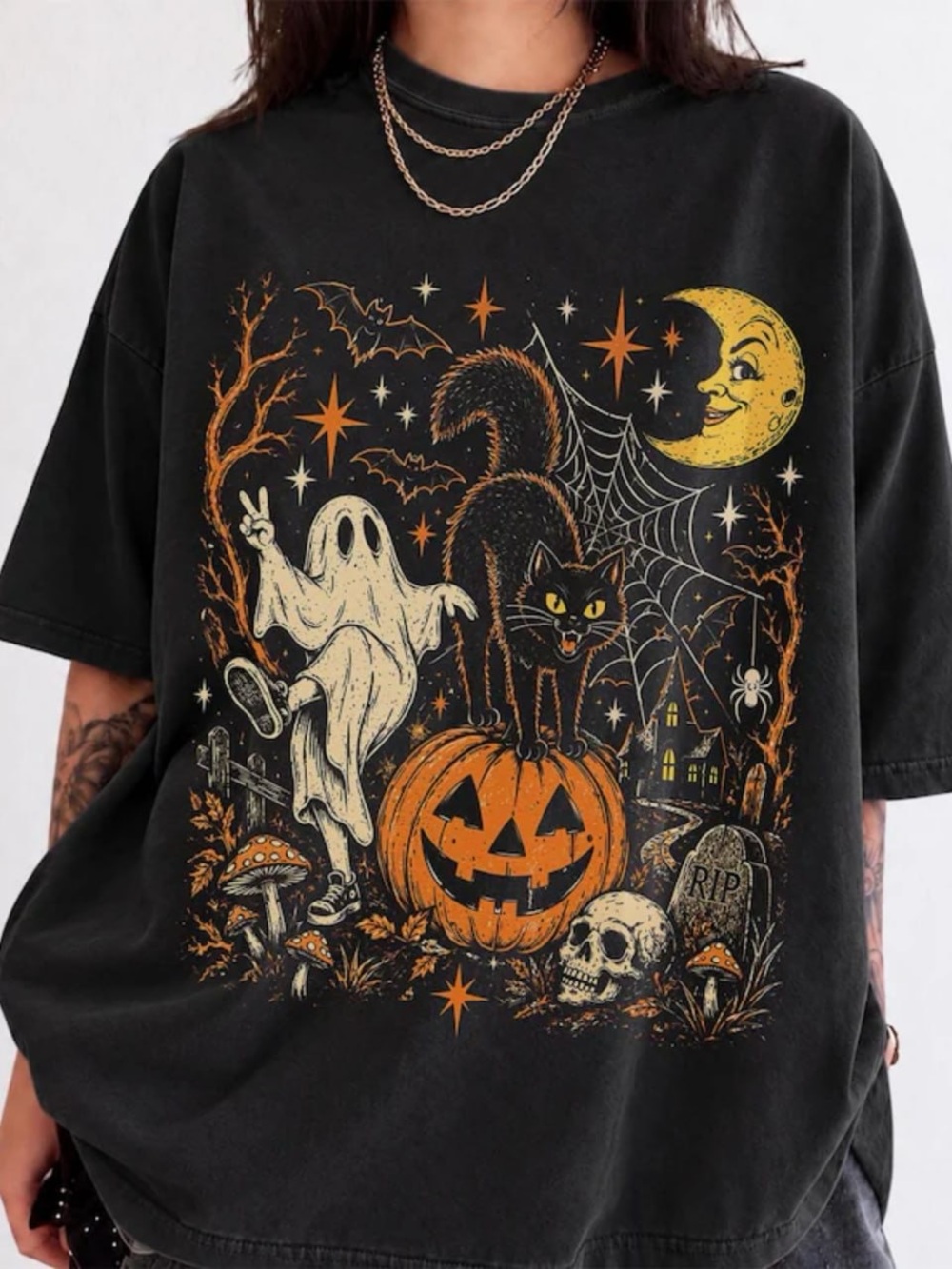 Halloween Graphic comfort color Tee - Black with Orange & Yellow Print